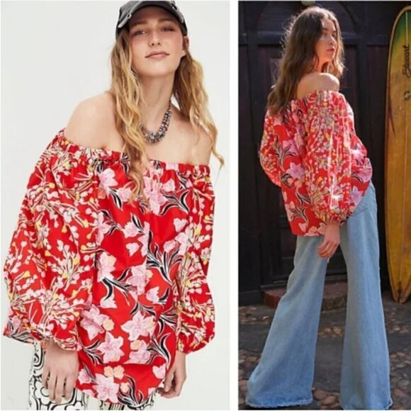 Free People Tops - Free People Gardenia Tunic, Off-Shoulder Long Sleeve Floral, w/ Pockets, Size S